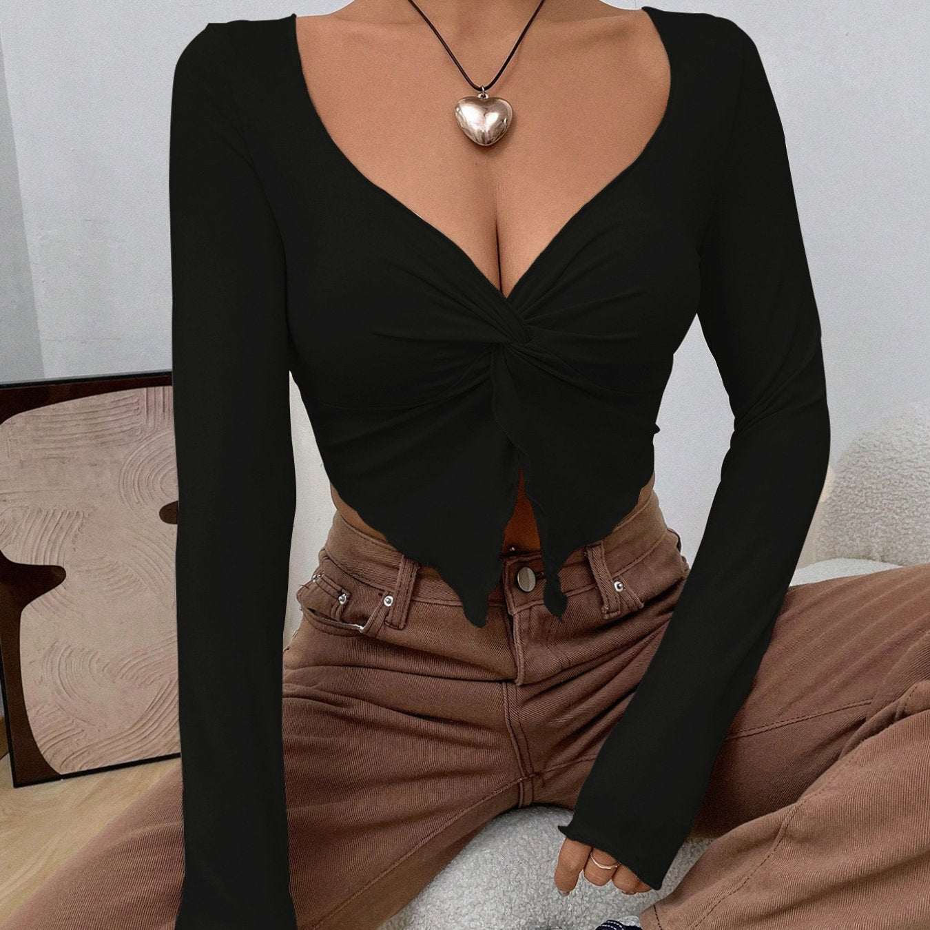 The Santa Monica Apparel™ | Knotted V-Neck Long-Sleeve Top