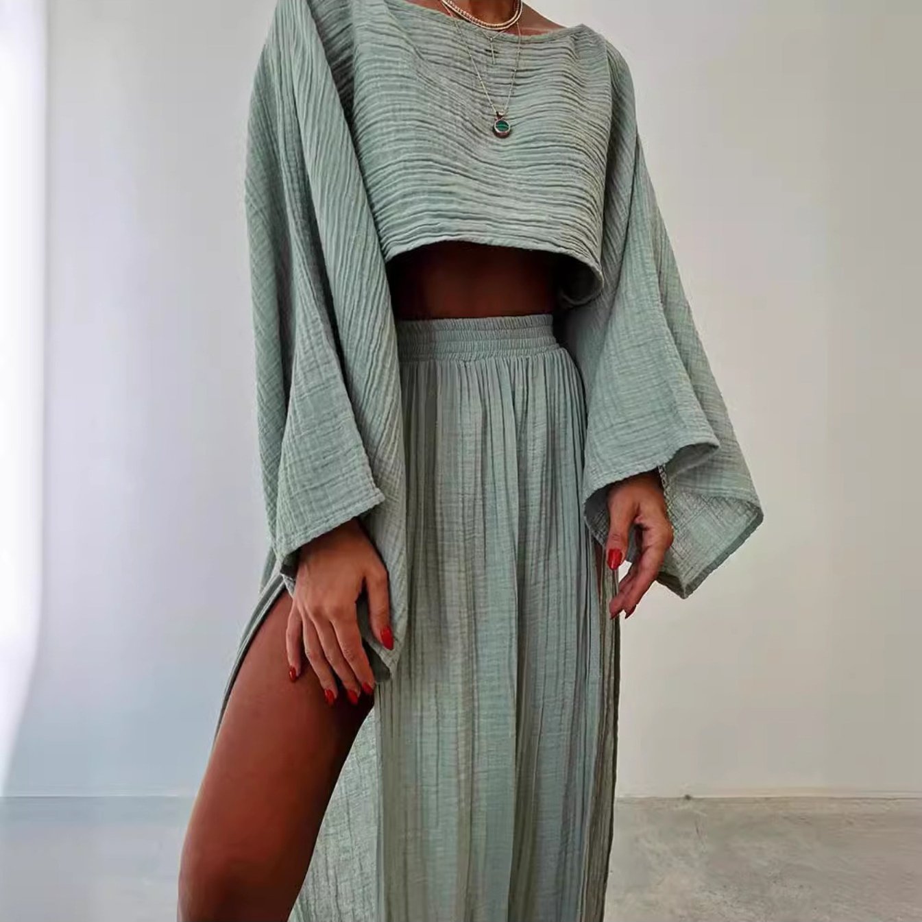 Long-Sleeve Top & High-Waist Slit Skirt Set