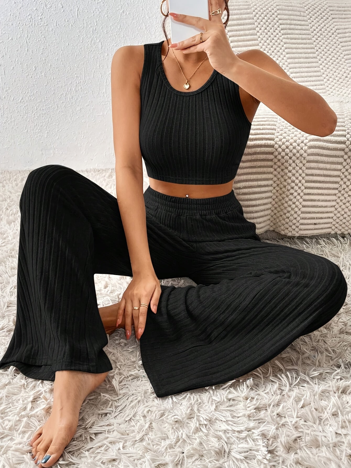 Ribbed Crop Tank & Elastic Pants Pajama Set