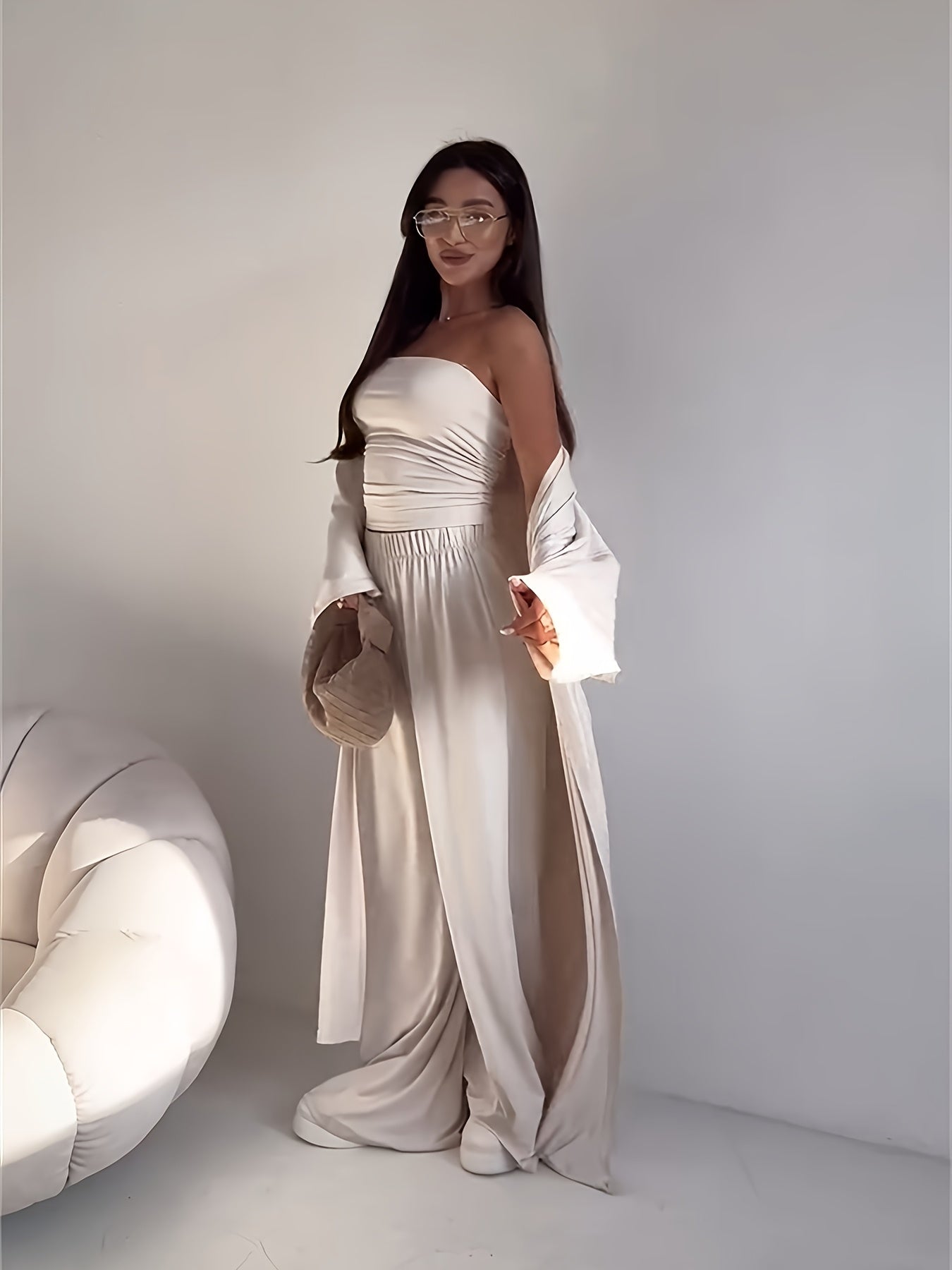 Tube Top, Long Cardigan & Wide-Leg Pants Set