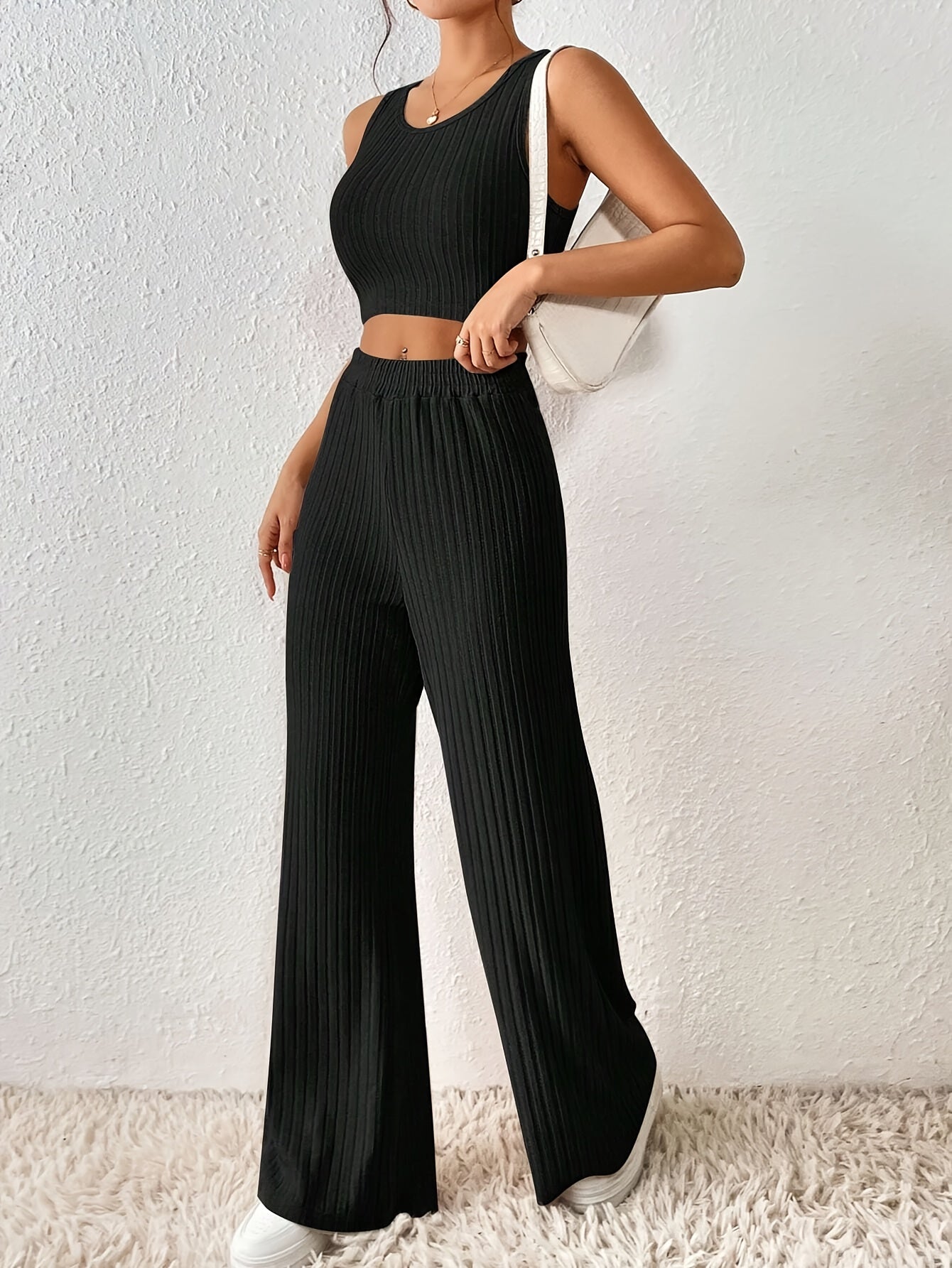 Ribbed Crop Tank & Elastic Pants Pajama Set