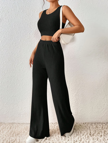 Ribbed Crop Tank & Elastic Pants Pajama Set
