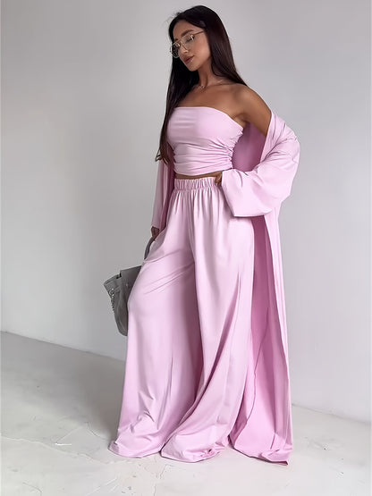 Tube Top, Long Cardigan & Wide-Leg Pants Set