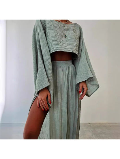 Long-Sleeve Top & High-Waist Slit Skirt Set