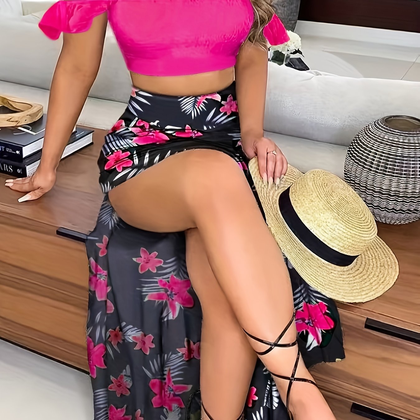 Off-Shoulder Pleated Crop Top & Slit Skirt Set