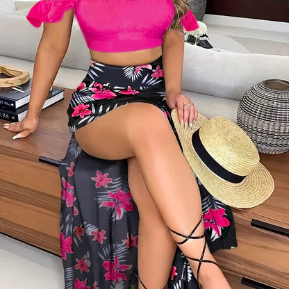 Off-Shoulder Pleated Crop Top & Slit Skirt Set