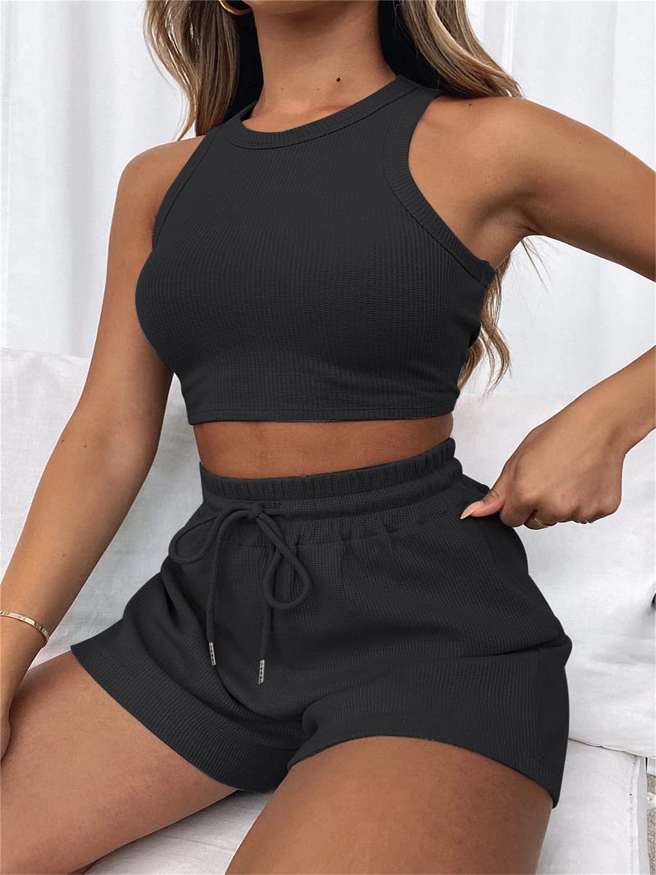 Sleeveless Crop Top & Shorts Lounge Set