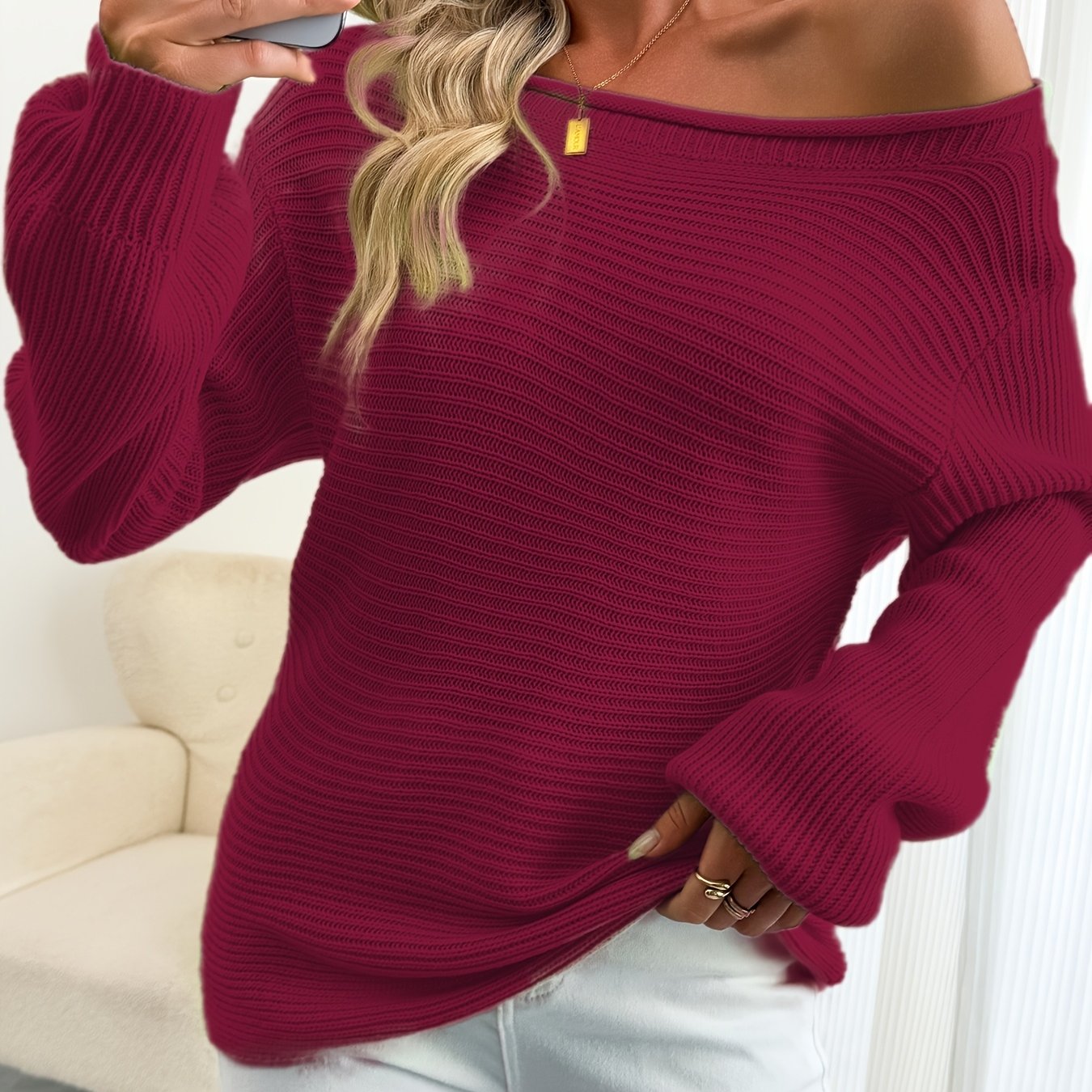 The Santa Monica Apparel™ | Off-Shoulder Lantern-Sleeve Sweater