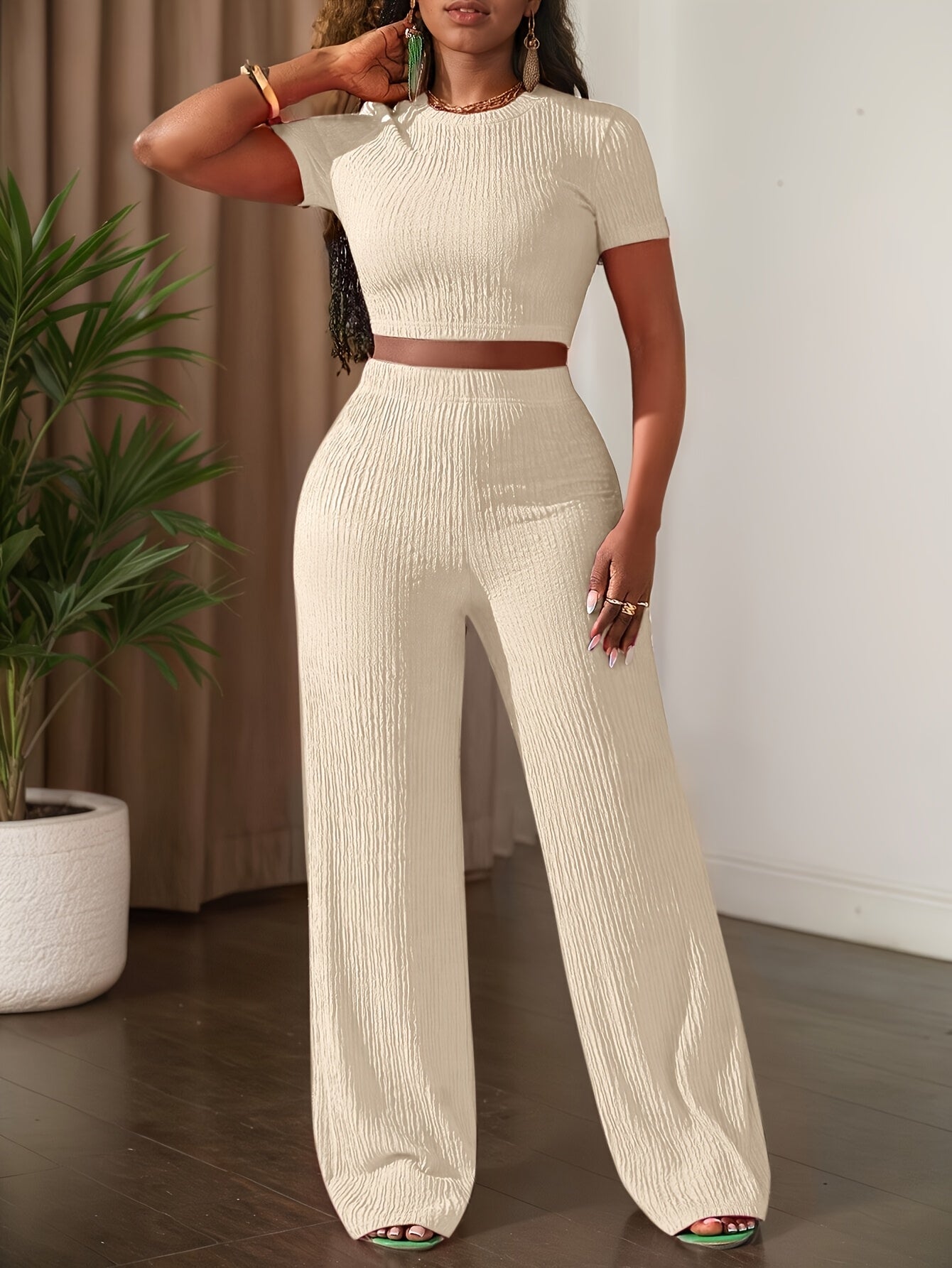 Short Sleeve Top & Wide-Leg Pants Set