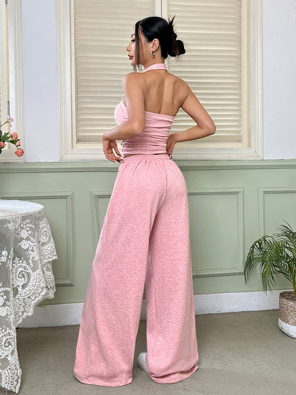 Strapless Top & Drawstring Wide-Leg Pants Set