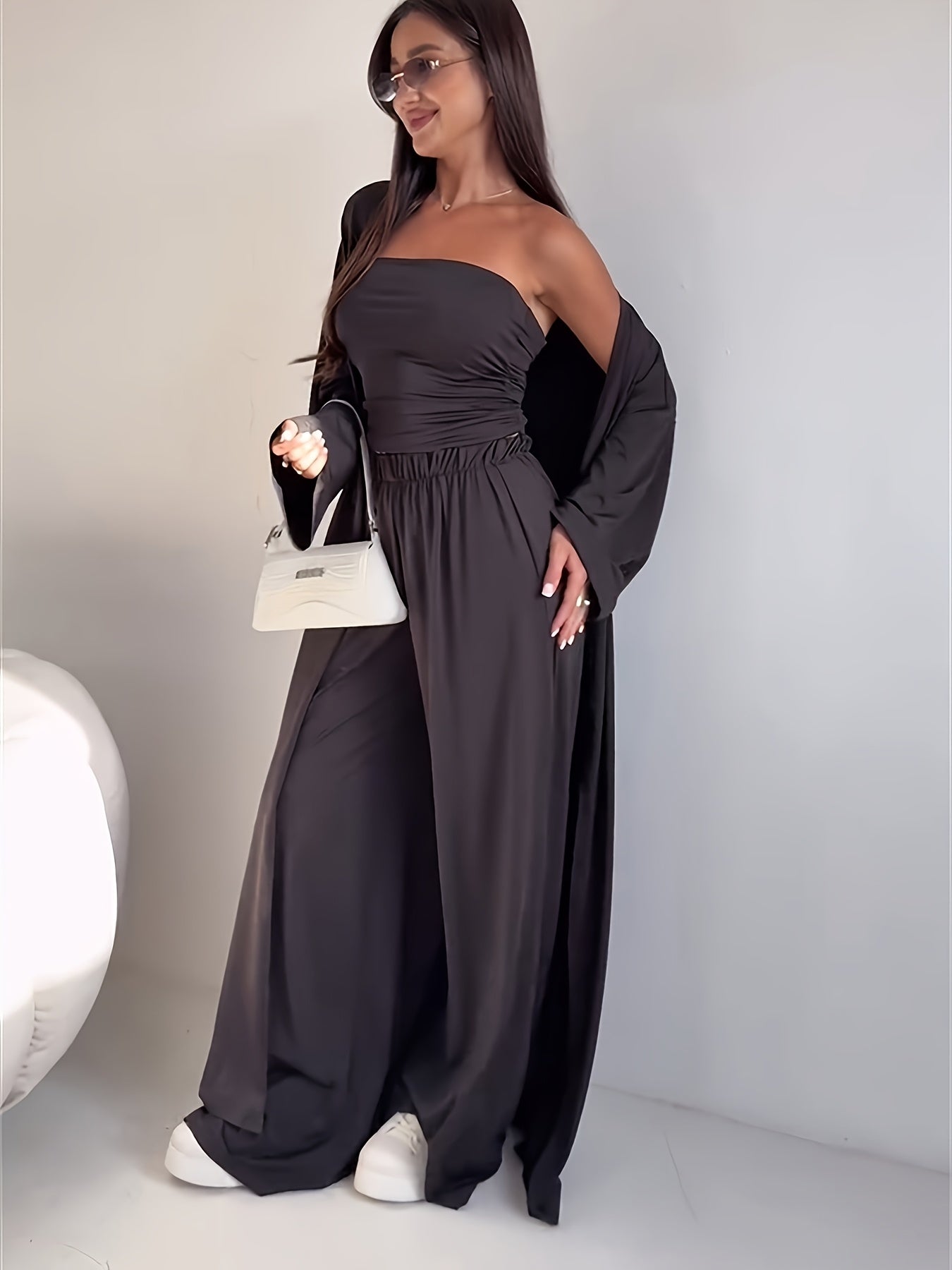 Tube Top, Long Cardigan & Wide-Leg Pants Set