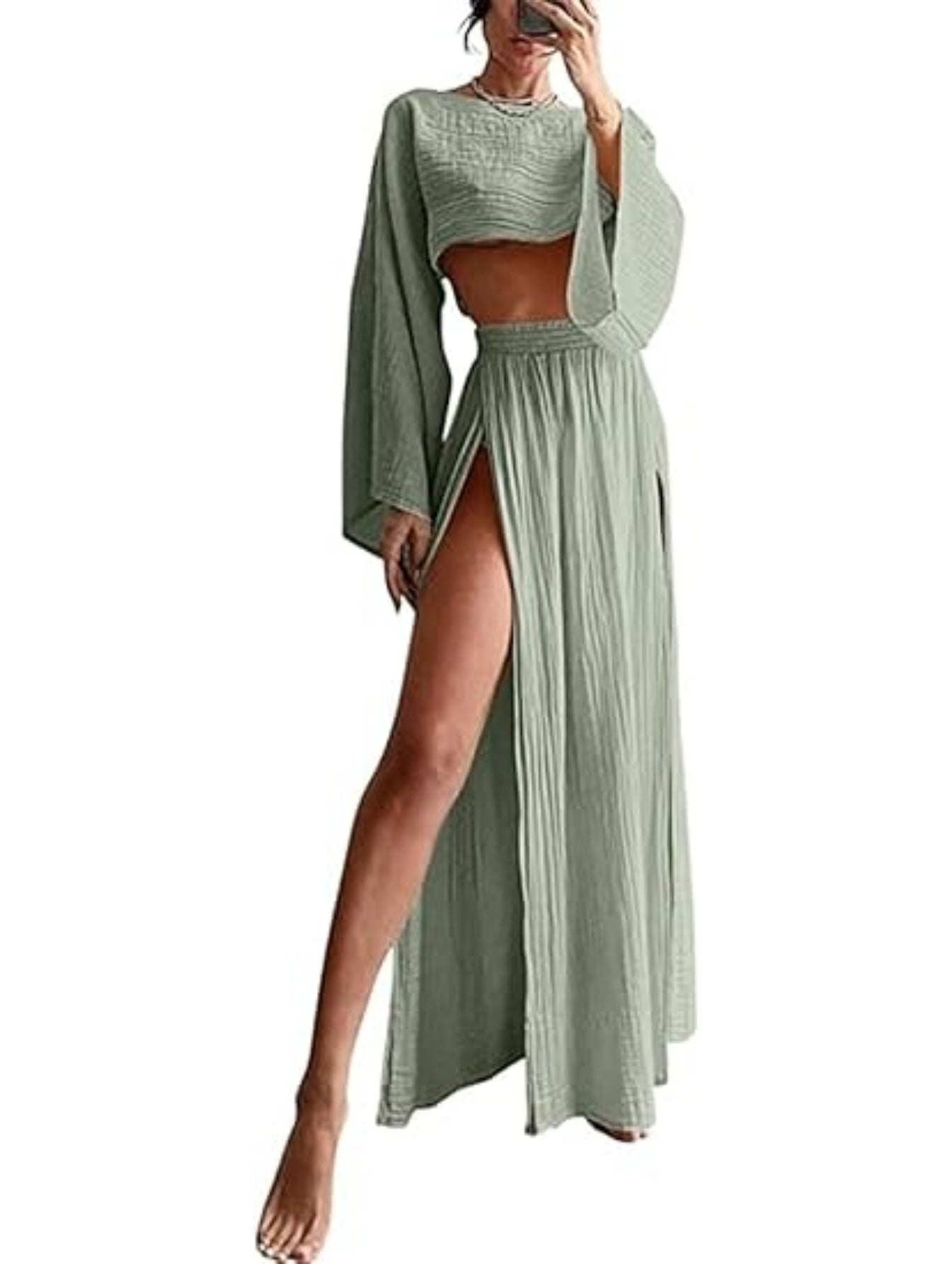 Long-Sleeve Top & High-Waist Slit Skirt Set