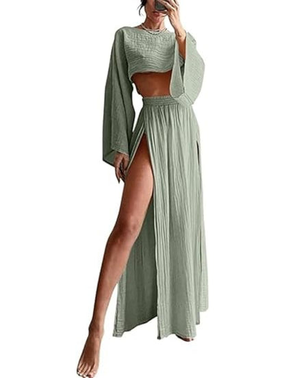 Long-Sleeve Top & High-Waist Slit Skirt Set