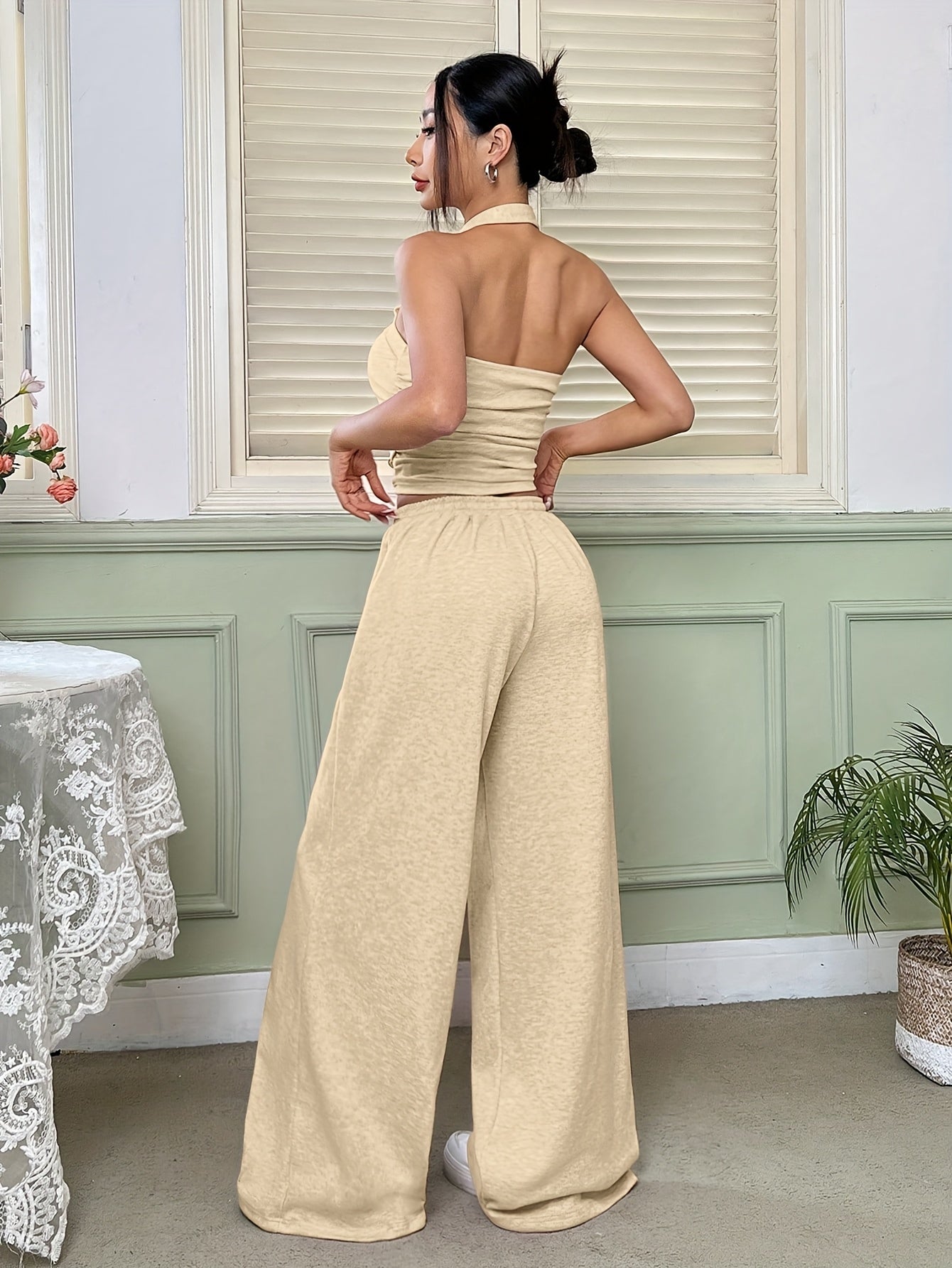 Strapless Top & Drawstring Wide-Leg Pants Set