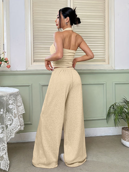 Strapless Top & Drawstring Wide-Leg Pants Set