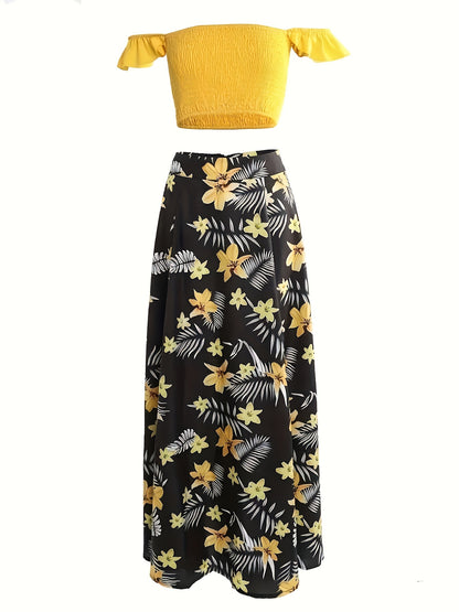 Off-Shoulder Pleated Crop Top & Slit Skirt Set