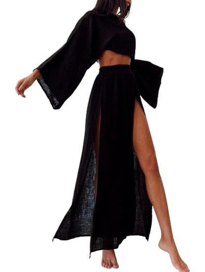 Long-Sleeve Top & High-Waist Slit Skirt Set