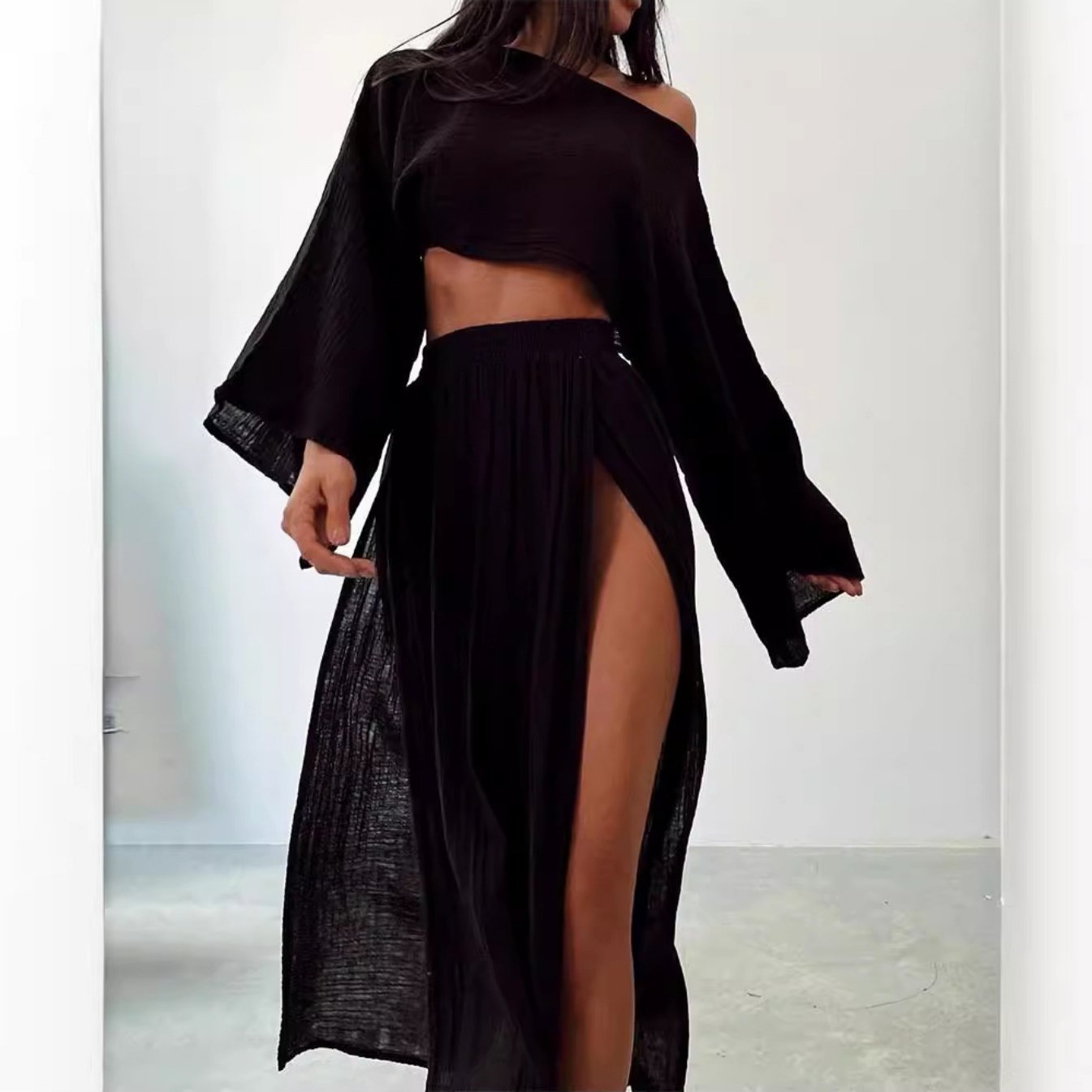 Long-Sleeve Top & High-Waist Slit Skirt Set