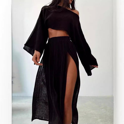 Long-Sleeve Top & High-Waist Slit Skirt Set