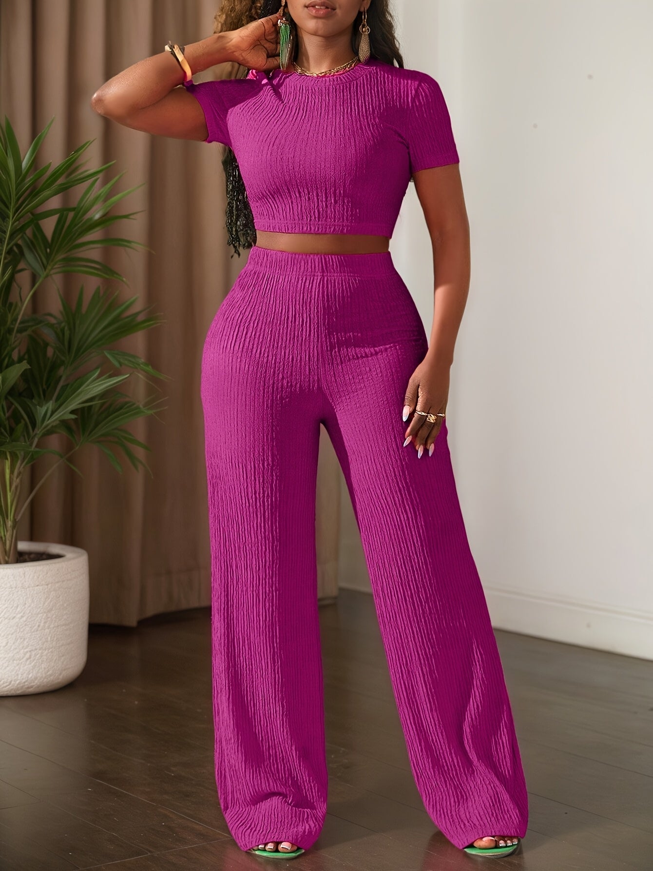 Short Sleeve Top & Wide-Leg Pants Set