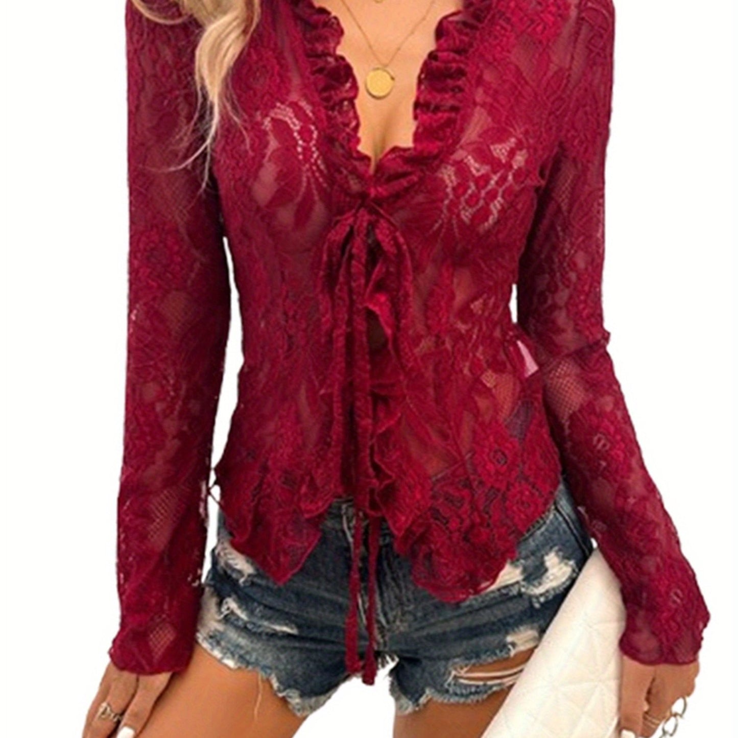 The Santa Monica Apparel™ | Lace-Trim V-Neck Top