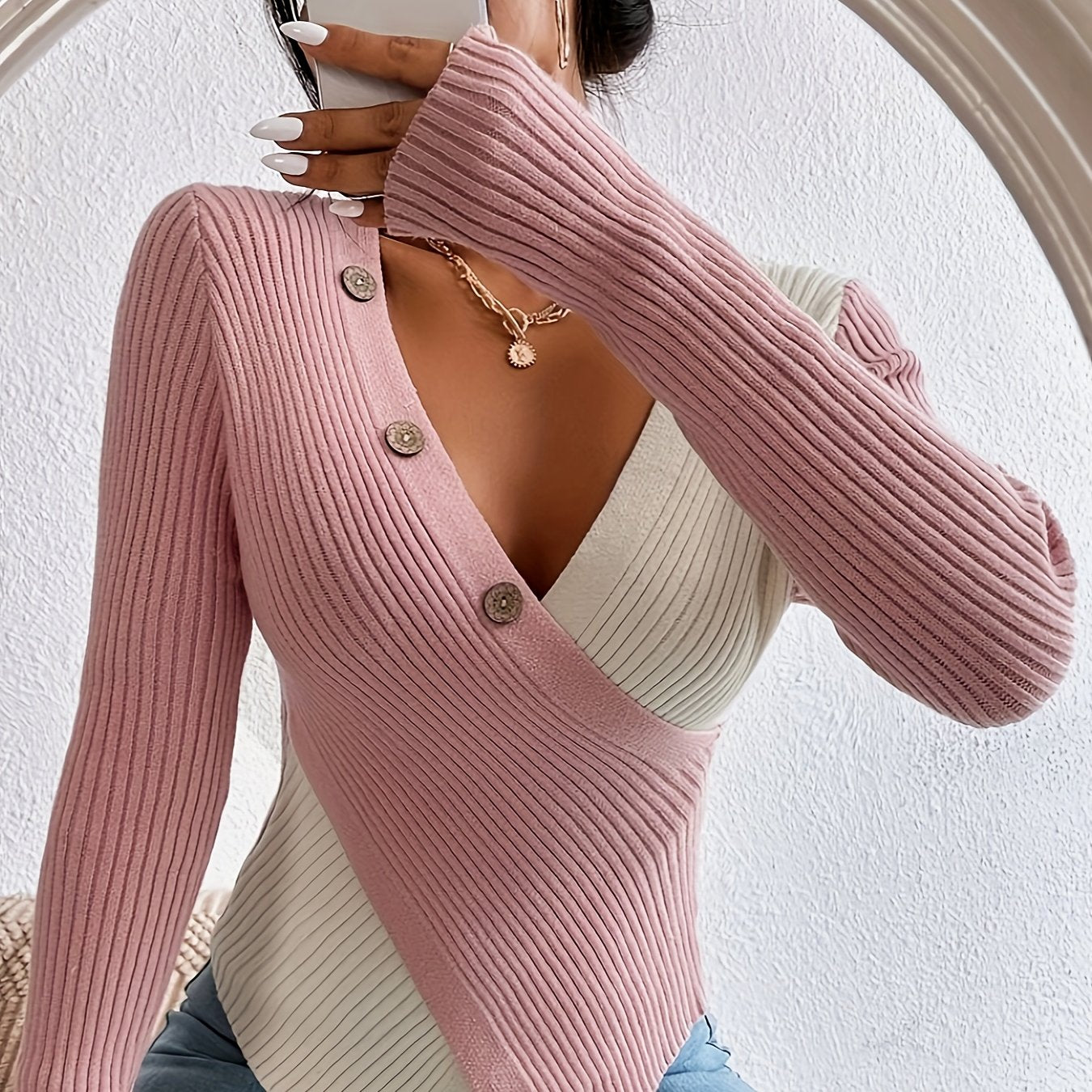 The Santa Monica Apparel™ | Chic V-Neck Button-Detail Sweater