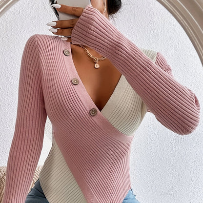 The Santa Monica Apparel™ | Chic V-Neck Button-Detail Sweater