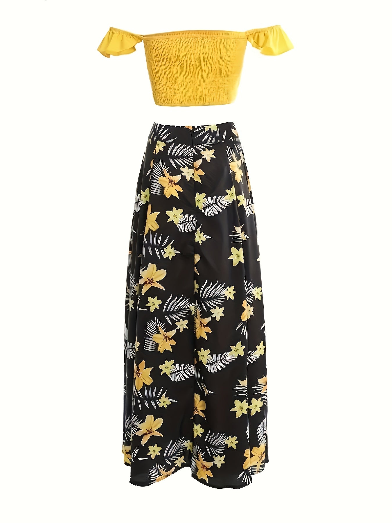 Off-Shoulder Pleated Crop Top & Slit Skirt Set