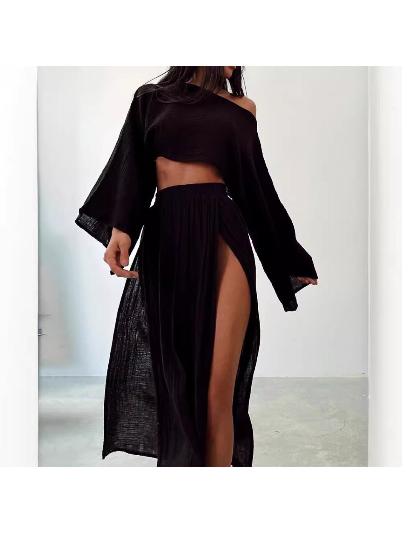 Long-Sleeve Top & High-Waist Slit Skirt Set