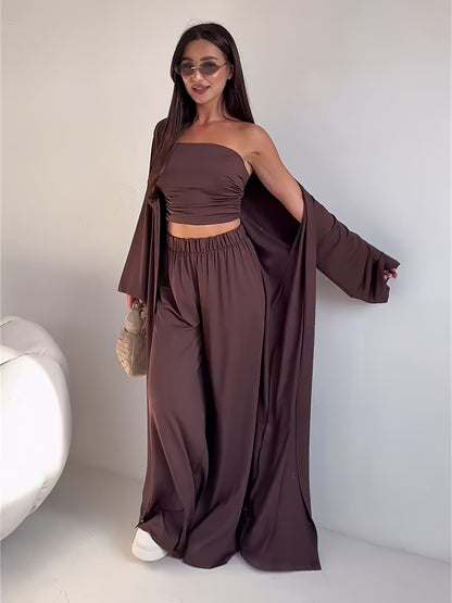 Tube Top, Long Cardigan & Wide-Leg Pants Set