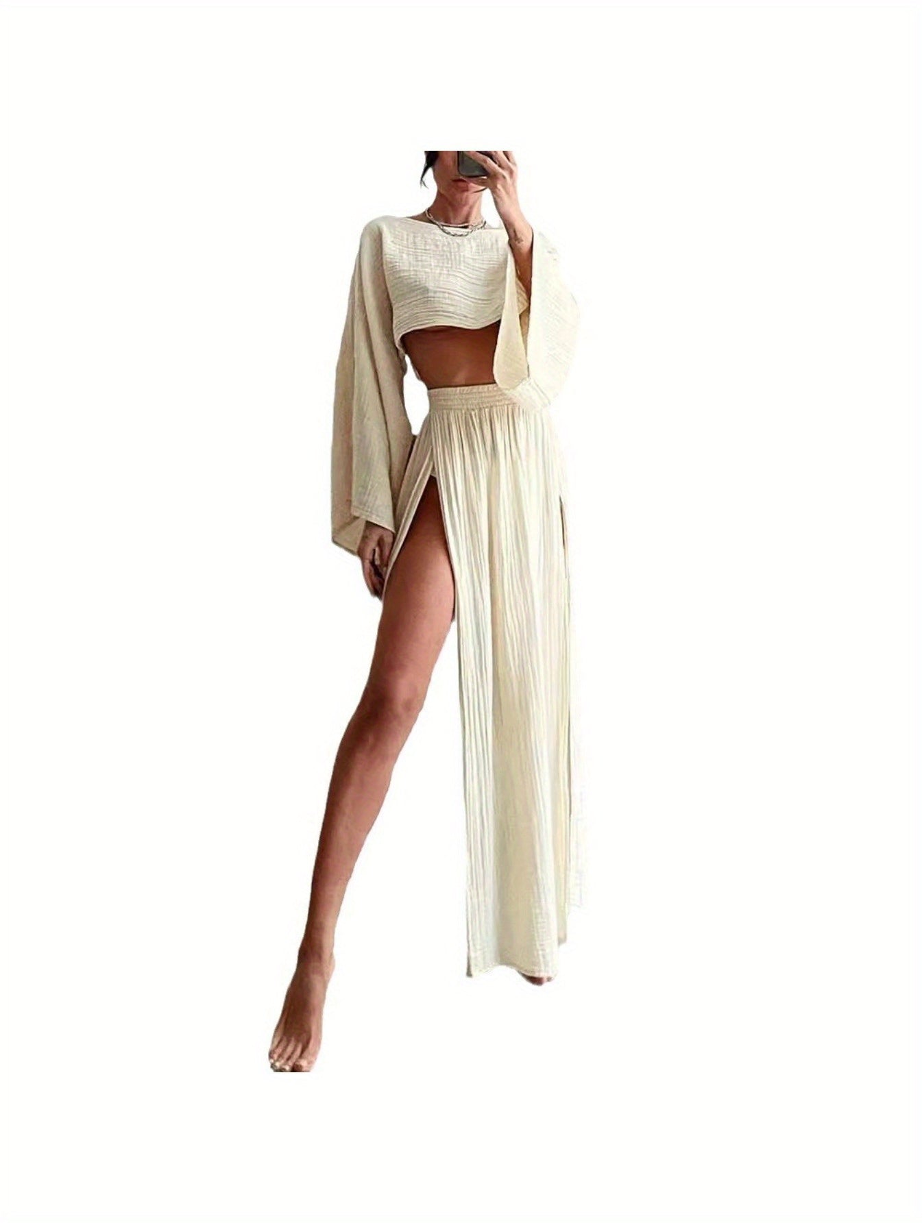 Long-Sleeve Top & High-Waist Slit Skirt Set