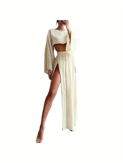 Long-Sleeve Top & High-Waist Slit Skirt Set