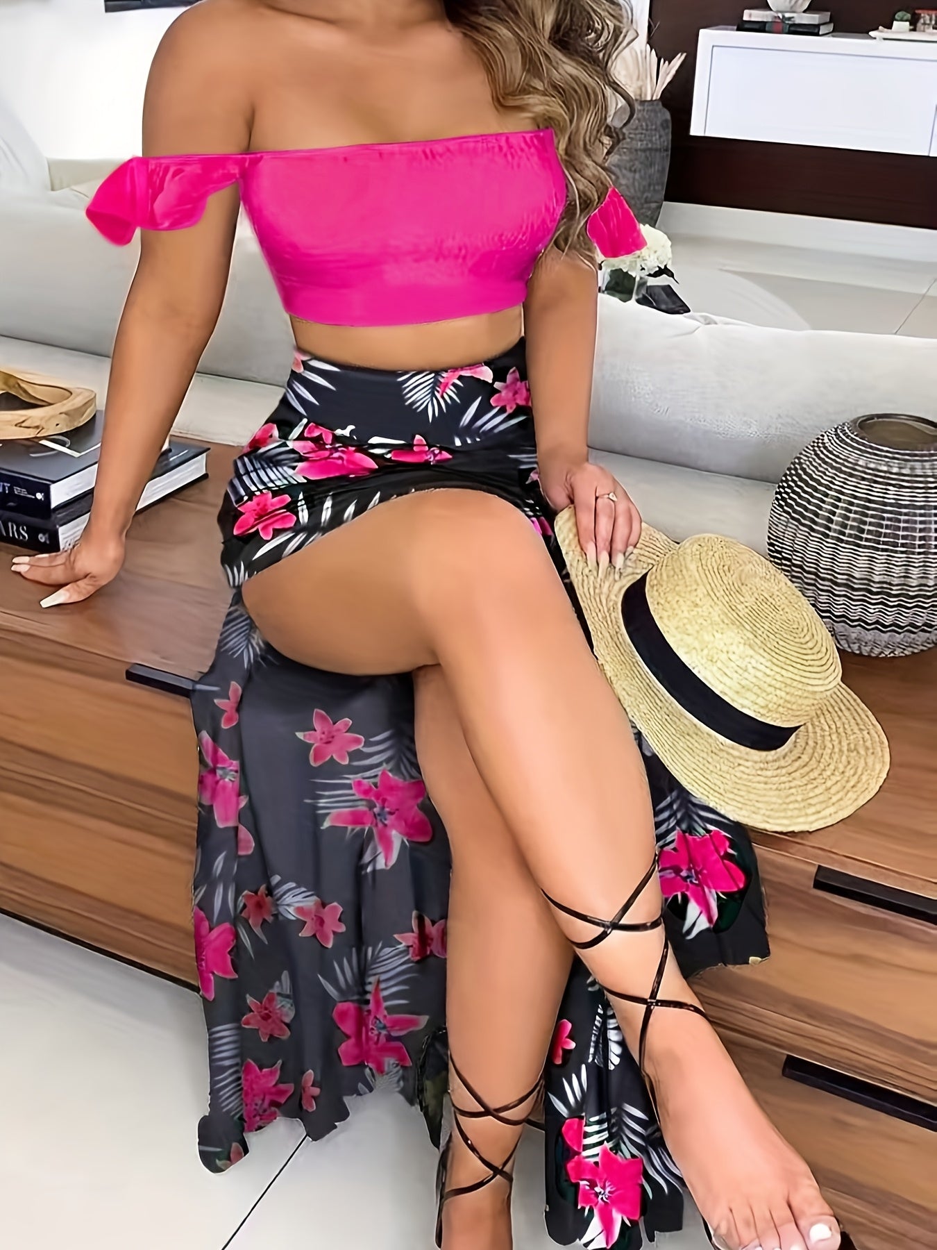 Off-Shoulder Pleated Crop Top & Slit Skirt Set