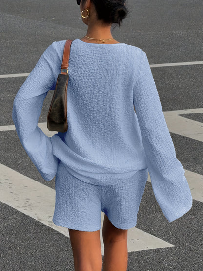 V-Neck Long Sleeve Top & Shorts Set