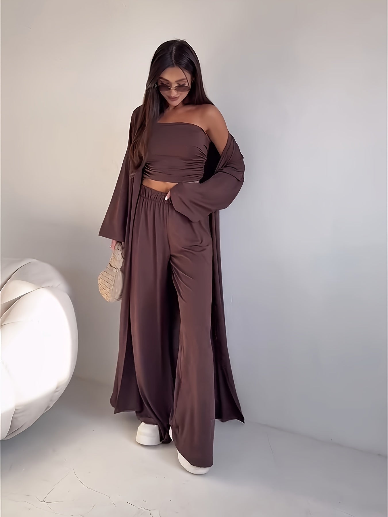 Tube Top, Long Cardigan & Wide-Leg Pants Set