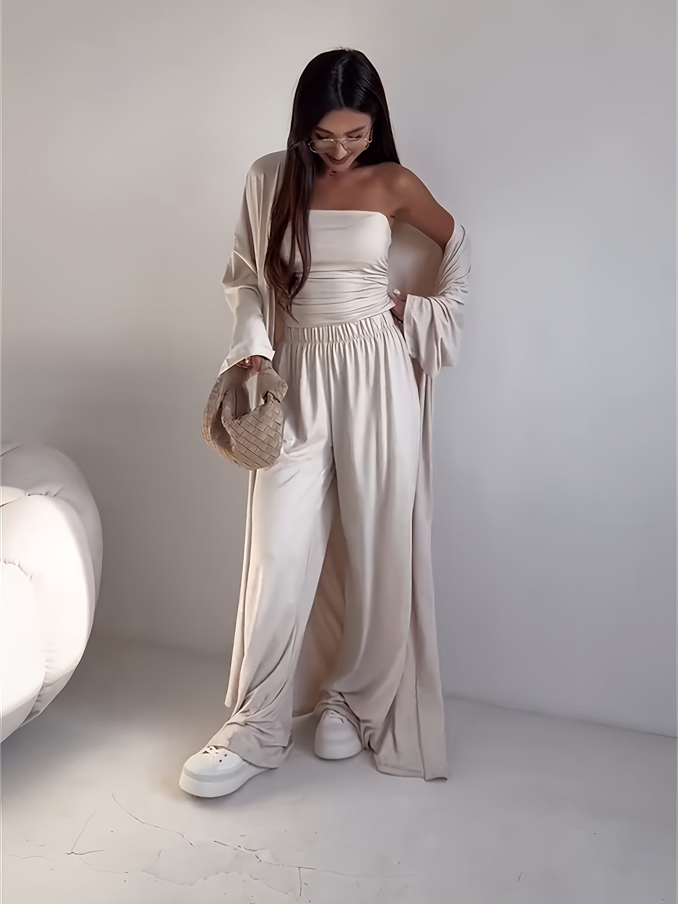 Tube Top, Long Cardigan & Wide-Leg Pants Set