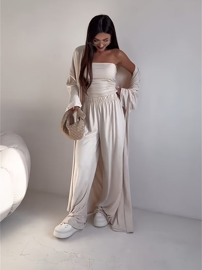 Tube Top, Long Cardigan & Wide-Leg Pants Set