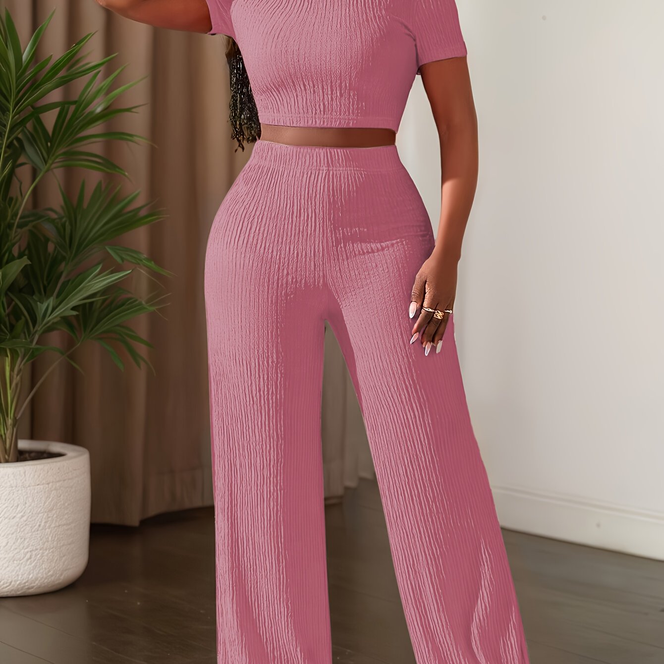 Short Sleeve Top & Wide-Leg Pants Set