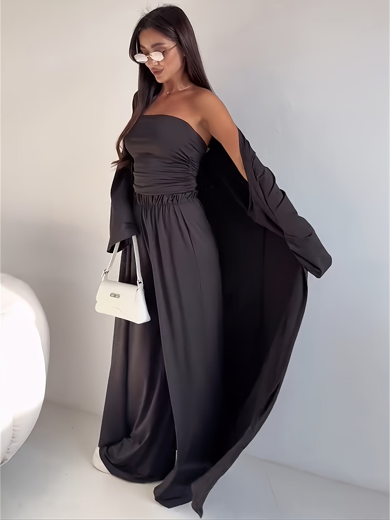 Tube Top, Long Cardigan & Wide-Leg Pants Set