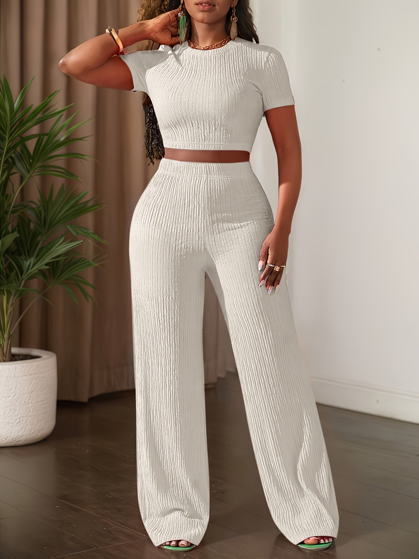 Short Sleeve Top & Wide-Leg Pants Set