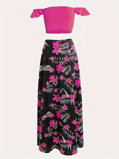 Off-Shoulder Pleated Crop Top & Slit Skirt Set