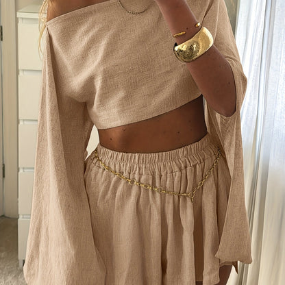 Off-Shoulder Crop Top & Elastic Waist Shorts Set