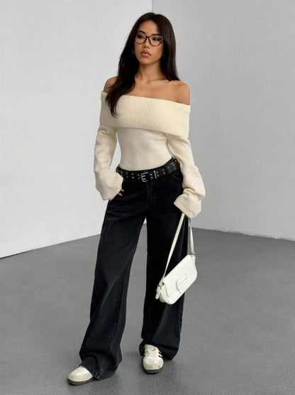 The Santa Monica Apparel™ | Elegant Off-Shoulder Rib-Knit Sweater