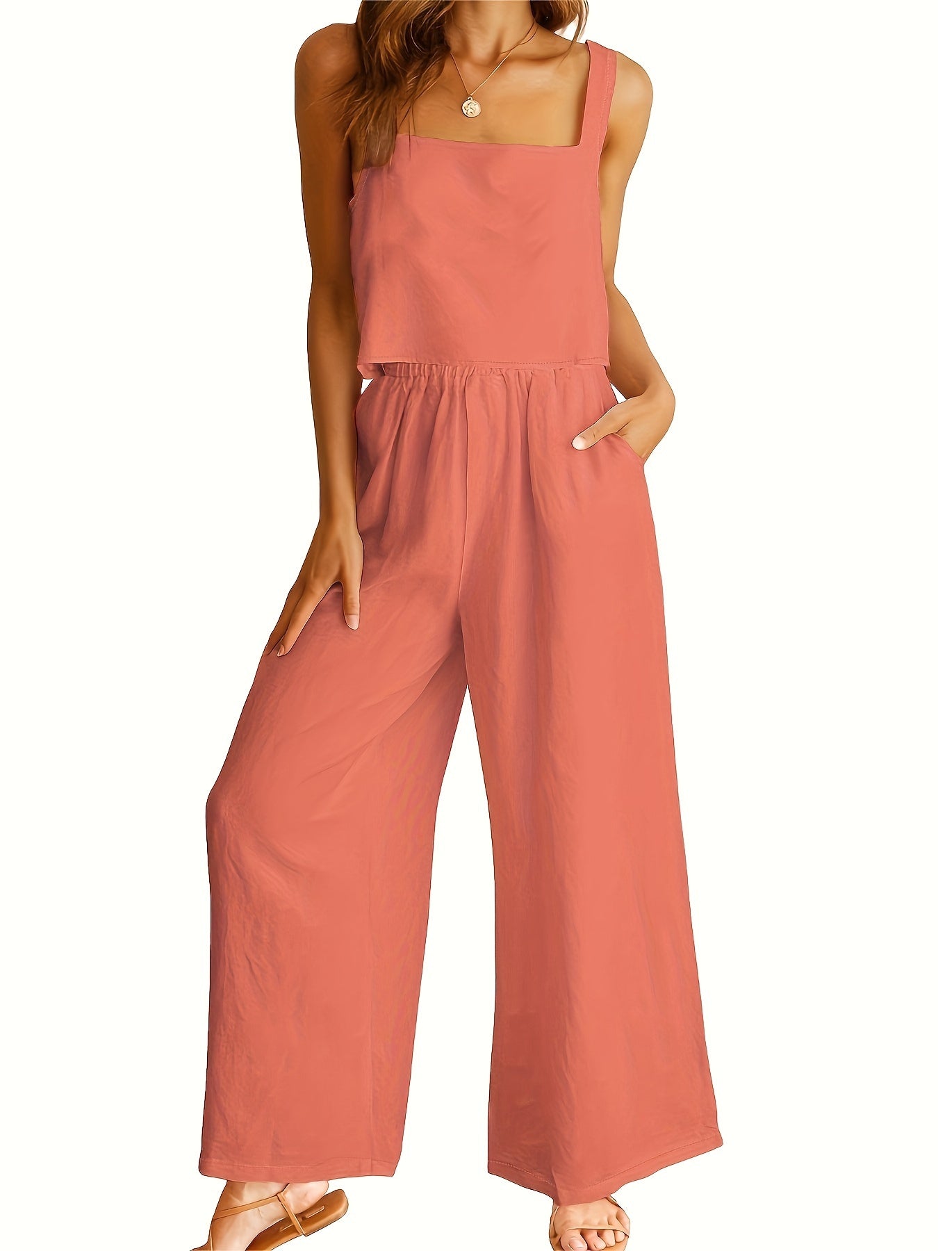 Square Neck Tank Top & Wide-Leg Pants Set