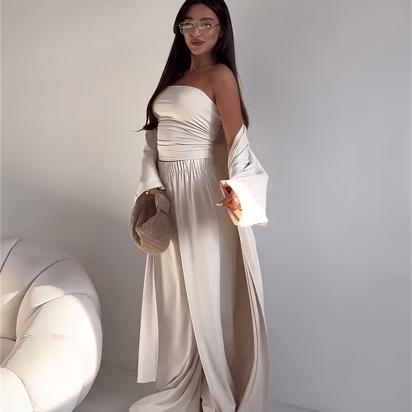 Tube Top, Long Cardigan & Wide-Leg Pants Set