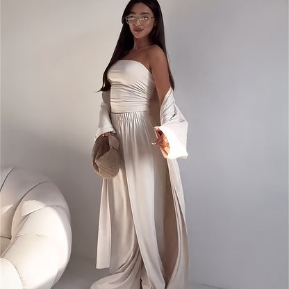 Tube Top, Long Cardigan & Wide-Leg Pants Set