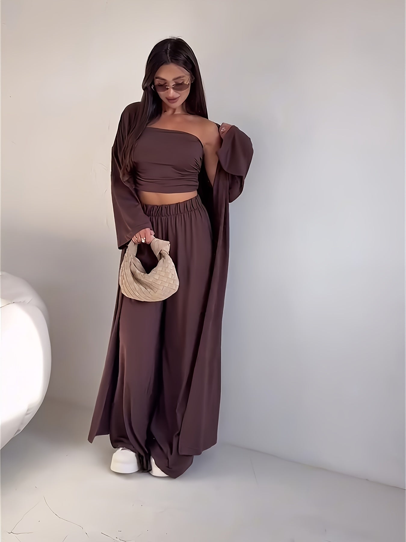 Tube Top, Long Cardigan & Wide-Leg Pants Set