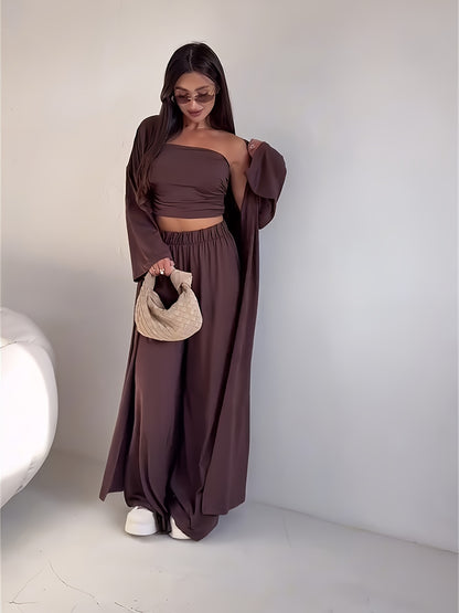 Tube Top, Long Cardigan & Wide-Leg Pants Set