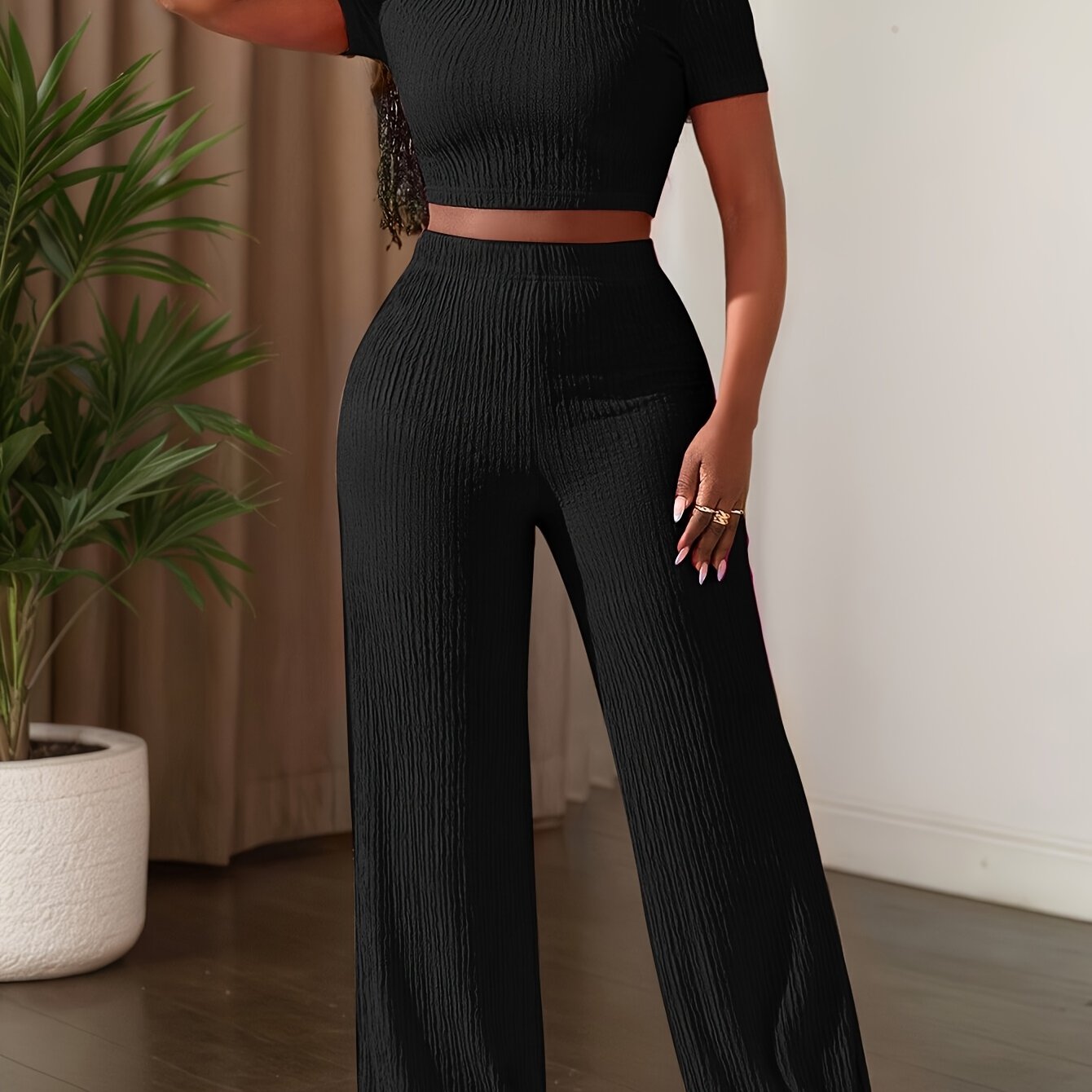 Short Sleeve Top & Wide-Leg Pants Set