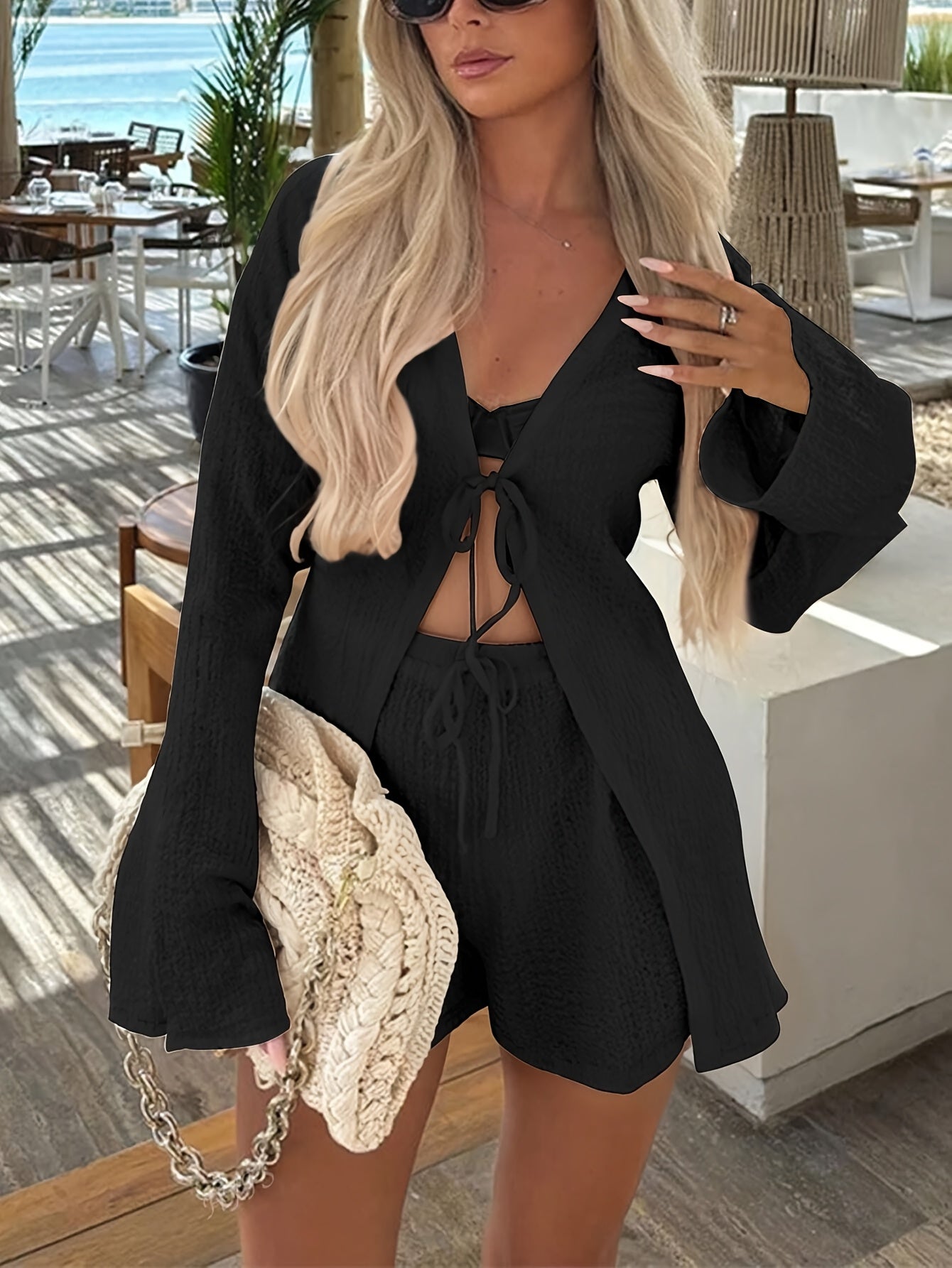 V-Neck Long Sleeve Top & Shorts Set